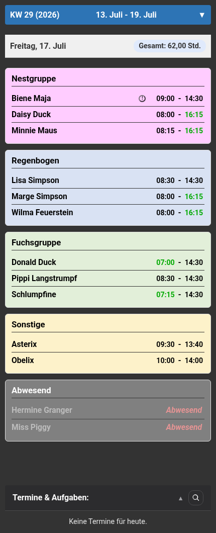 Screenshot der Dienstplan-Tagesansicht mit Gruppen und Abwesend-Bereich